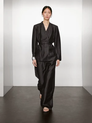 Kimono Z Wiązaniem Z Mieszanki Lnu - Czarny - - Massimo Dutti - Kobieta