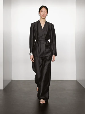 Kimono Z Wiązaniem Z Mieszanki Lnu - Czarny - - Massimo Dutti - Kobieta