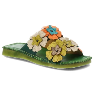 Klapki damskie Artiker, cholewka ze skóry naturalnej licowej wsuwany fason na płaskiej podeszwie, zielone, 58C1006