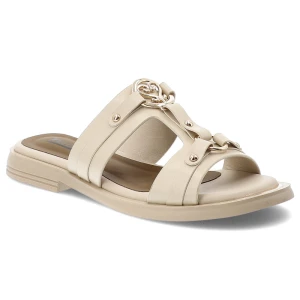 Klapki damskie Artiker, cholewka ze skóry naturalnej wsuwany fason z szerokimi paskami na płaskiej podeszwie, beżowe, 58C1629