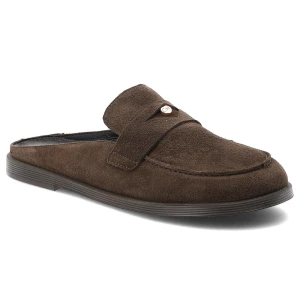 Klapki damskie Chebello, welurowa cholewka wsuwany fason otwarta pięta klasyczny mokasynowy krój minimalistyczny design lekka płaska podeszwa, brązow