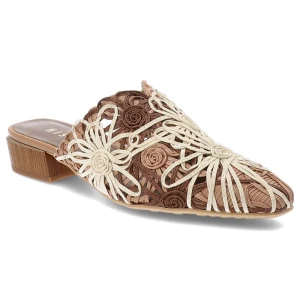 Klapki damskie Hispanitas, z naturalnej skóry pleciona cholewka kwiatowy wzór niski obcas styl boho, brązowe, HV264840