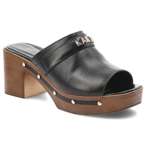Klapki damskie Karino, skóra naturalna wsuwany fason odkryty nosek szeroki pasek z metalowym logo gruba drewniana platforma, czarne, 6008/076-P