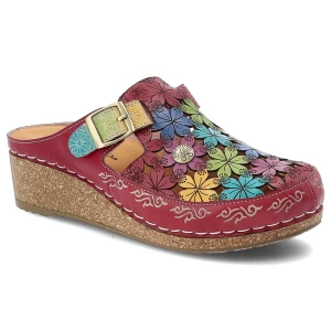 Klapki damskie Laura Vita, na koturnie kolorowy wzór kwiatowy regulowany pasek wygodna podeszwa casualowy styl, czerwone, 01 AJ180B-1