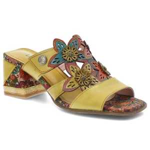 Klapki damskie Laura Vita, na obcasie ozdobne kwiaty szeroki pasek wygodna podeszwa letni styl, żółte, 09 SOK26-9