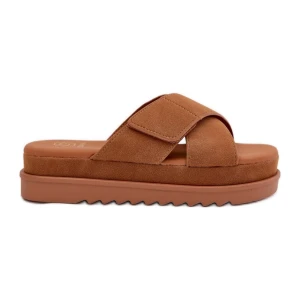 Klapki Damskie Na Platformie Z Przeplatającymi Się Paskami Camel brązowe