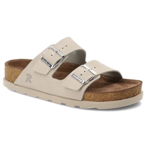 Klapki Damskie Rieker, cholewka skóra naturalna gładka dwa szerokie paski z metalowymi klamrami odkryte palce regulowane zapięcie