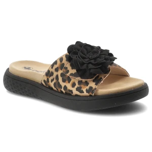 Klapki damskie Rieker, cholewka ze skóry ekologicznej wzór animal print wsuwane na płaskiej podeszwie, beżowe, V1562-60