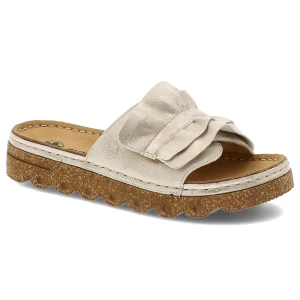 Klapki damskie Rieker, na platformie z eko skóry z wygodnymi wkładkami i ozdobnymi falbanami, beżowe, V8763-60