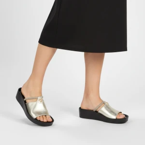 Klapki damskie S. Barski, na platformie ze skóry naturalnej z ozdobą eleganckie, złote, KV51-034 S.Barski