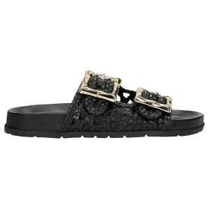 Czarne ażurowe klapki damskie ze skóry licowej ze złotymi klamrami 74159-51 Wojas