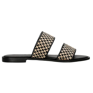 Czarno beżowe klapki damskie ze skóry licowej z plecionka z raffii 74157-80 Wojas