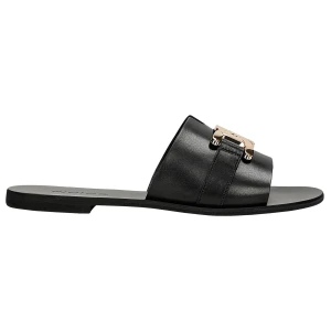 Czarne klapki ze skóry licowej ze złotą ozdobą 74121-51 Wojas