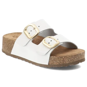 Klapki damskie Yokono, cholewka ze skóry naturalnej licowej z dwoma szerokimi paskami z regulacją na metalowe klamry, białe, Wiwi-003 Opa Blanco