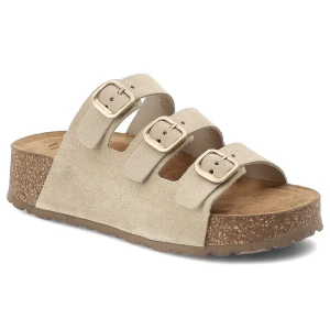 Klapki damskie Yokono, cholewka ze skóry naturalnej odkryty fason trzy regulowane paski z klamrami, beżowe, Wiwi-263