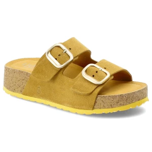 Klapki damskie Yokono, cholewka ze skóry naturalnej zamszowej dwa szerokie paski z regulacją na platformie, żółte, Lanka-003 Ser Mostaza