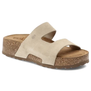 Klapki damskie Yokono, cholewka ze skóry naturalnej zamszowej z szerokim paskiem podeszwą korkową z wyściółką skórzaną, beżowe, Wiwi-260 Ser Crudo