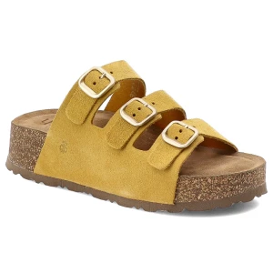 Klapki damskie Yokono, cholewka ze skóry naturalnej zamszowej z trzema szerokimi paskami, żółte, Wiwi-263 Ser Mostaza