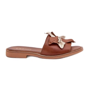 Klapki Z Ozdobą Skóra Naturalna Zazoo 3574/Z Camel brązowe