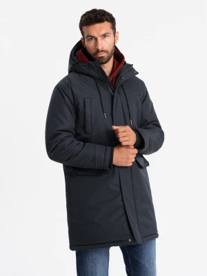 Klasyczna długa męska kurtka typu parka – czarna V6 - Rozmiar: XXL Ombre Clothing