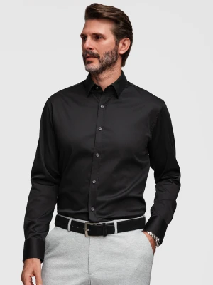 Klasyczna koszula męska SLIM FIT z satynowej tkaniny – czarna V4 - Rozmiar: M Ombre Clothing