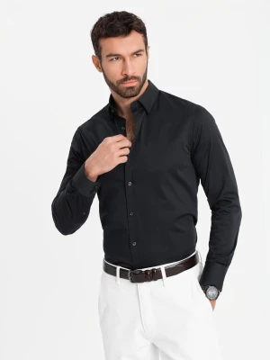 Klasyczna koszula męska SLIM FIT z satynowej tkaniny – czarna V4 - Rozmiar: S Ombre Clothing