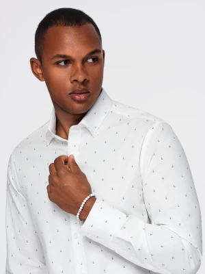 Klasyczna męska bawełniana koszula SLIM FIT w kotwice - biała V3 - Rozmiar: M Ombre Clothing