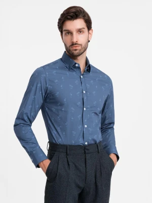 Klasyczna męska bawełniana koszula SLIM FIT w palmy - ciemnoniebieska V5 OM-SHCS-0156
 -                                    S Ombre