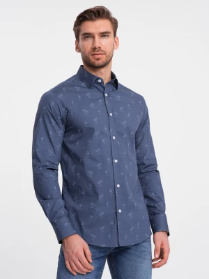 Klasyczna męska bawełniana koszula SLIM FIT w palmy - ciemnoniebieska V5 OM-SHCS-0156
 -                                    XL