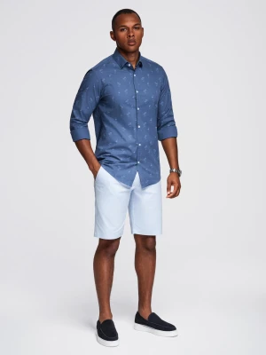 Klasyczna męska bawełniana koszula SLIM FIT w palmy - ciemnoniebieska V5 - Rozmiar: M Ombre Clothing