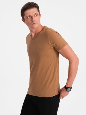 Zdjęcie produktu Klasyczna męska bawełniana koszulka z dekoltem w serek BASIC – brązowa V8 - Rozmiar: L Ombre Clothing