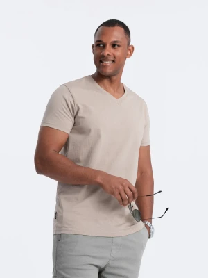 Zdjęcie produktu Klasyczna męska bawełniana koszulka z dekoltem w serek BASIC – piaskowa V5 Ombre Clothing