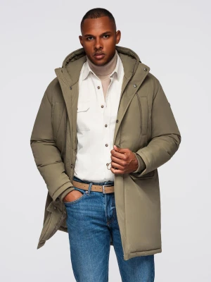 Klasyczna męska długa kurtka typu parka – oliwkowa V3 - Rozmiar: M Ombre Clothing