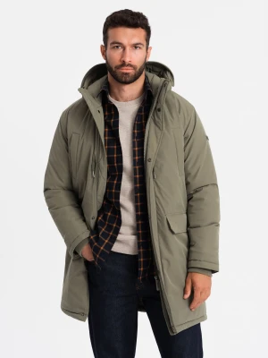Klasyczna męska długa kurtka typu parka – oliwkowa V3 - Rozmiar: XL Ombre Clothing