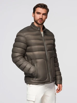 Klasyczna pikowana kurtka męska ze stójką – oliwkowa V3 - Rozmiar: XXL Ombre Clothing oliwkowy