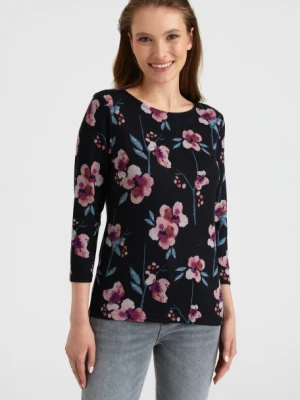 Klasyczny sweter z rękawem 3/4, nadruk w różowe kwiaty Greenpoint