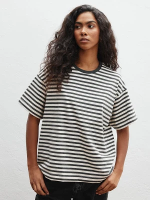 Klasyczny Tshirt w paski BEŻOWO GRAFITOWE - DUAL-XS/S Marsala