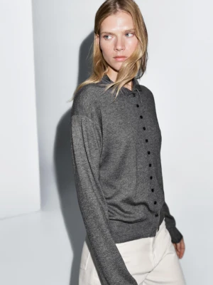 Knitted Cardigan Perkins Collar - Szary Średni - - Massimo Dutti - Female