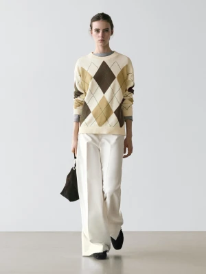 Knitted Jumper With Diamond Detail In Cotton - Surowy - - Massimo Dutti - Kobieta