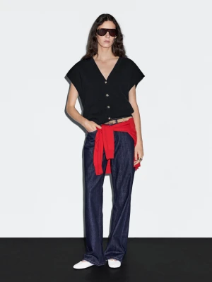 Knitted Waistcoat With Golden Buttons - Granatowy - - Massimo Dutti - Female