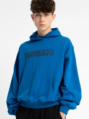 Kobaltowa bluza BOXY z kapturem z nadrukiem z przodu Reporter