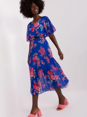 Kobaltowa plisowana sukienka damska w kwiaty - midi Italy Moda