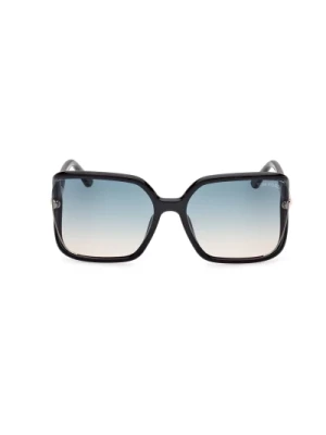 Kobaltowe okulary przeciwsłoneczne dla kobiet w kwadratowym kształcie z połyskującą czarną oprawą i niebieskimi szkłami gradientowymi Tom Ford
