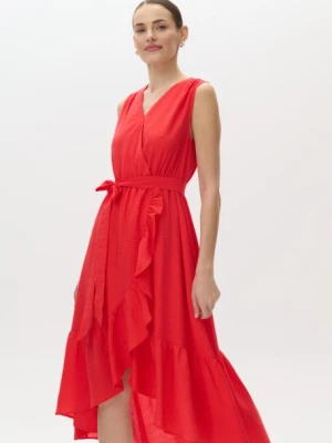 Kobieca czerwona sukienka midi z falbaną Greenpoint