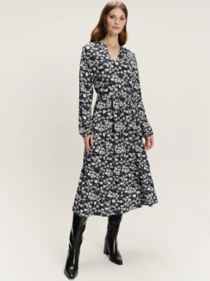 Kobieca sukienka midi z roślinnym printem długi rękaw Greenpoint