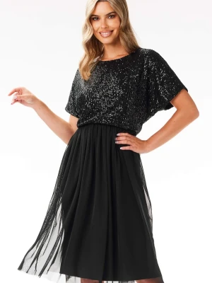 Koktajlowa sukienka na wesele rozkloszowana z cekinami beż awama