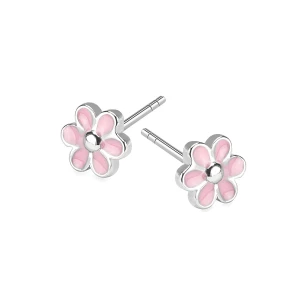 Kolczyki srebrne pokryte różową emalią - kwiaty - Mini Mini - Biżuteria YES
