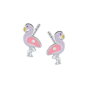 Kolczyki srebrne pokryte kolorową emalią z cyrkoniami - flamingi - Mini Mini - Biżuteria YES