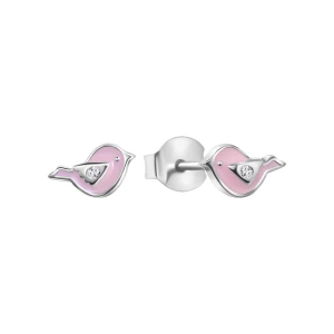 Kolczyki srebrne pokryte różową emalią - ptaki - Mini Mini - Biżuteria YES