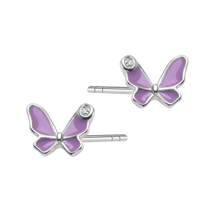 Kolczyki srebrne pokryte fioletową emalią z cyrkoniami - motyle - Mini Mini - Biżuteria YES